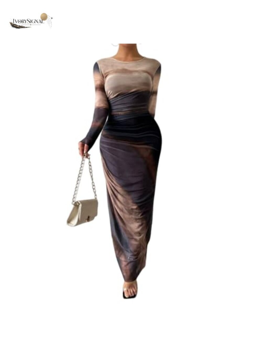 Women's Ruched Bodycon Maxi Dress Long Sleeve Mesh Tie Dye Formal
